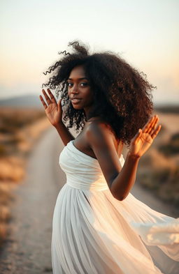 A metaphysical black woman with curly hair, wearing a flowing white gown, gracefully waving goodbye while walking away