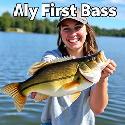 A young woman catching a bass fish, displaying her emotions of excitement and joy