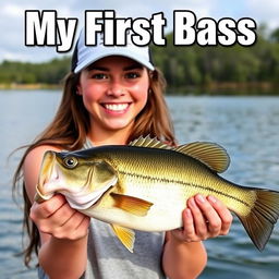 A young woman catching a bass fish, displaying her emotions of excitement and joy