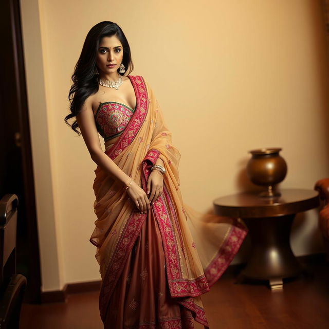 A confident, alluring woman wearing a seductive mekhela chadar, styled with an elegant touch