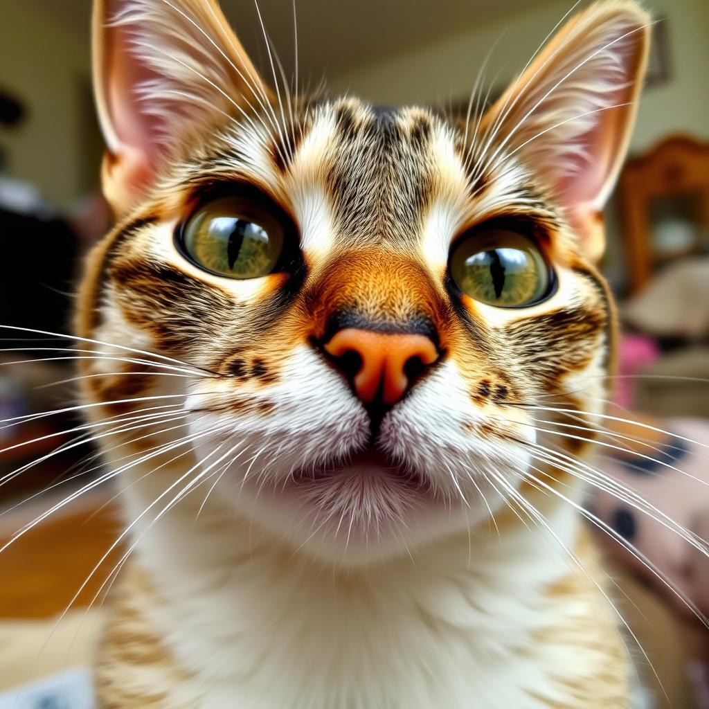 A close-up of a cat's face, emphasizing its whiskers, expressive eyes, and soft fur