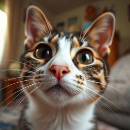 A close-up of a cat's face, emphasizing its whiskers, expressive eyes, and soft fur