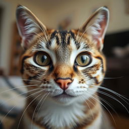 A close-up of a cat's face, emphasizing its whiskers, expressive eyes, and soft fur