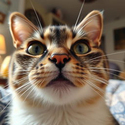 A close-up of a cat's face, emphasizing its whiskers, expressive eyes, and soft fur