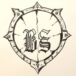 A hand-drawn illustration of a broken crest, featuring intricate details and a medieval style