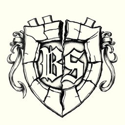 A hand-drawn illustration of a broken crest, featuring intricate details and a medieval style