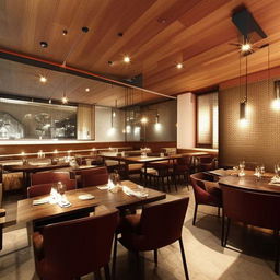 An upscale restaurant interior with high ceilings, elegant lighting fixtures, large windows, and well-placed art. The furniture is modern, comfortable, and stylish, and the overall atmosphere is warm and inviting.