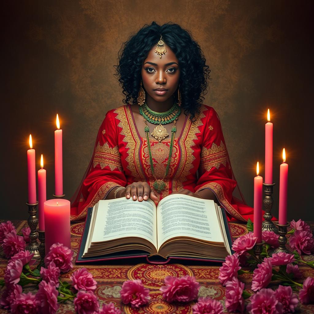 A metaphysical black woman with curly hair, sitting Indian-style behind an altar