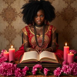 A metaphysical black woman with curly hair, sitting Indian-style behind an altar