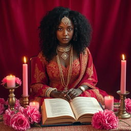 A metaphysical black woman with curly hair, sitting Indian-style behind an altar