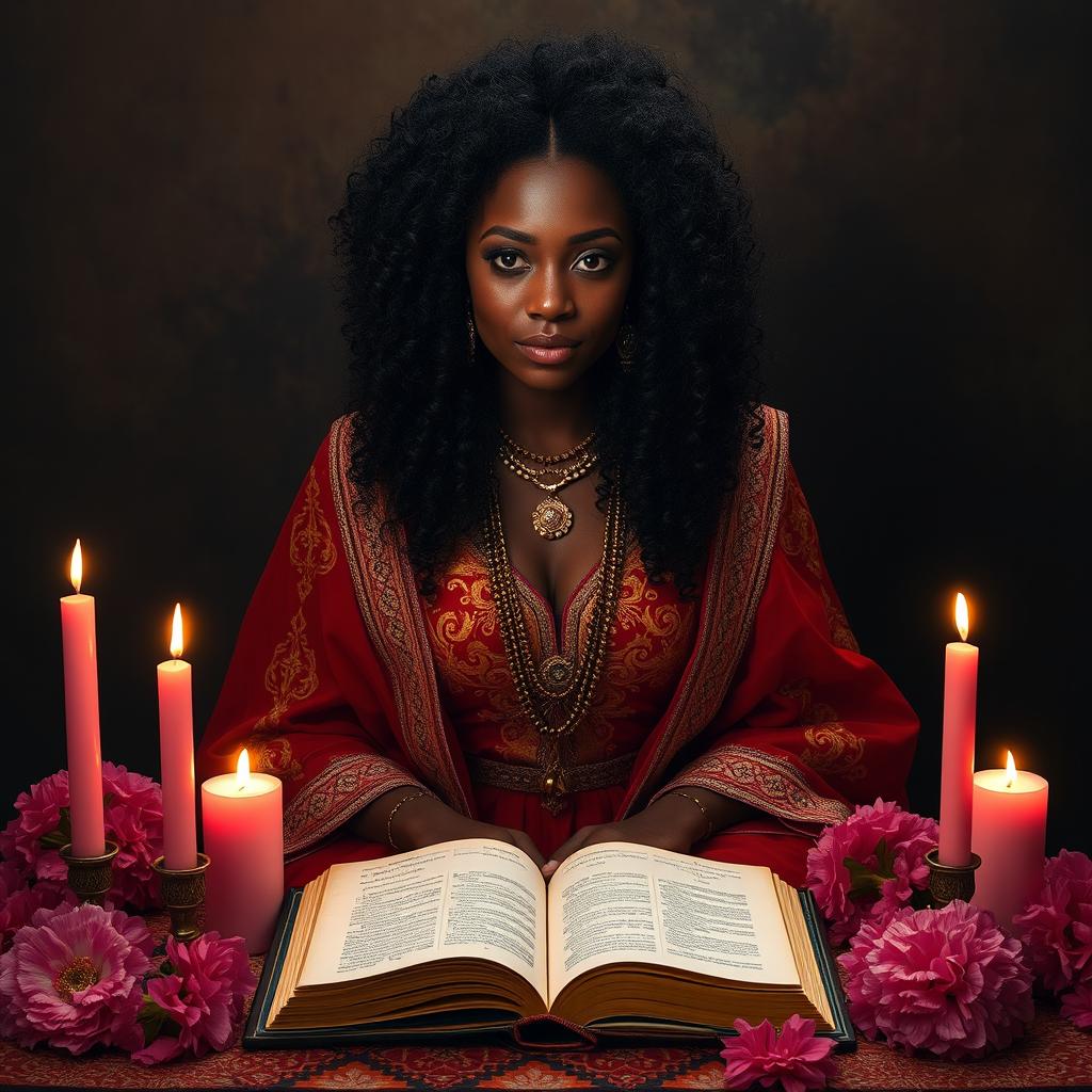 A metaphysical black woman with curly hair, sitting Indian-style behind an altar