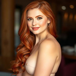 A voluptuously curvaceous redhead girl with a confident and alluring expression, her hair cascading in fiery waves