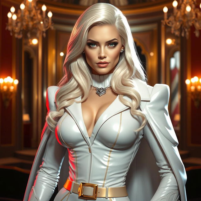 Emma Frost, reimagined with a bimbo aesthetic, in a glamorous setting