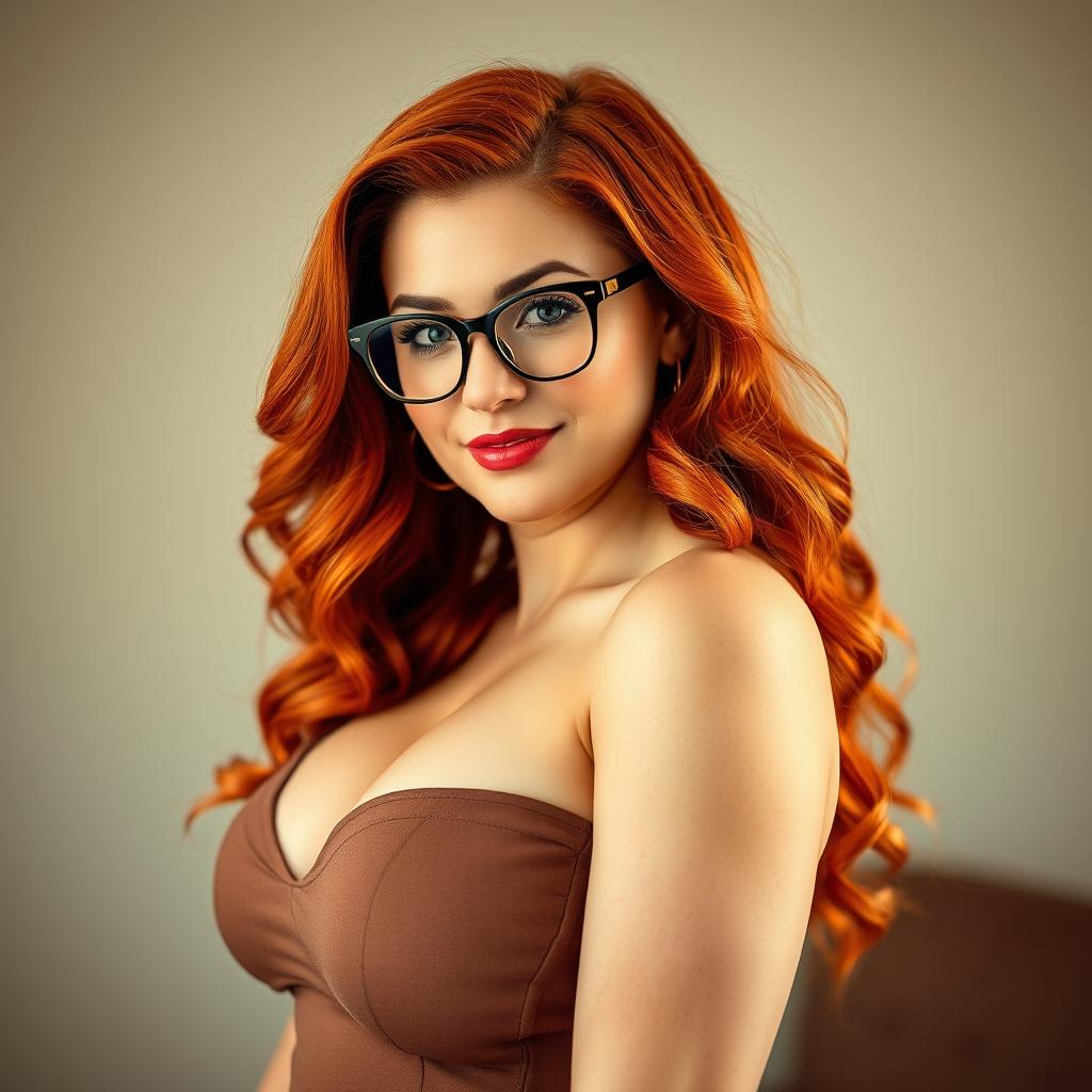 A voluptuous and busty redhead woman wearing stylish glasses