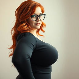 A voluptuous and busty redhead woman wearing stylish glasses