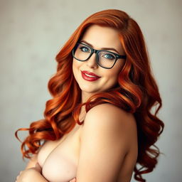 A voluptuous and busty redhead woman wearing stylish glasses