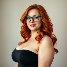 A voluptuous and busty redhead woman wearing stylish glasses