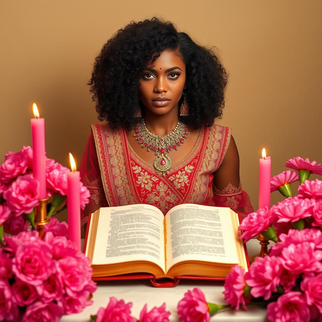 A pecan complexion woman with curly hair, sitting Indian-style behind an altar