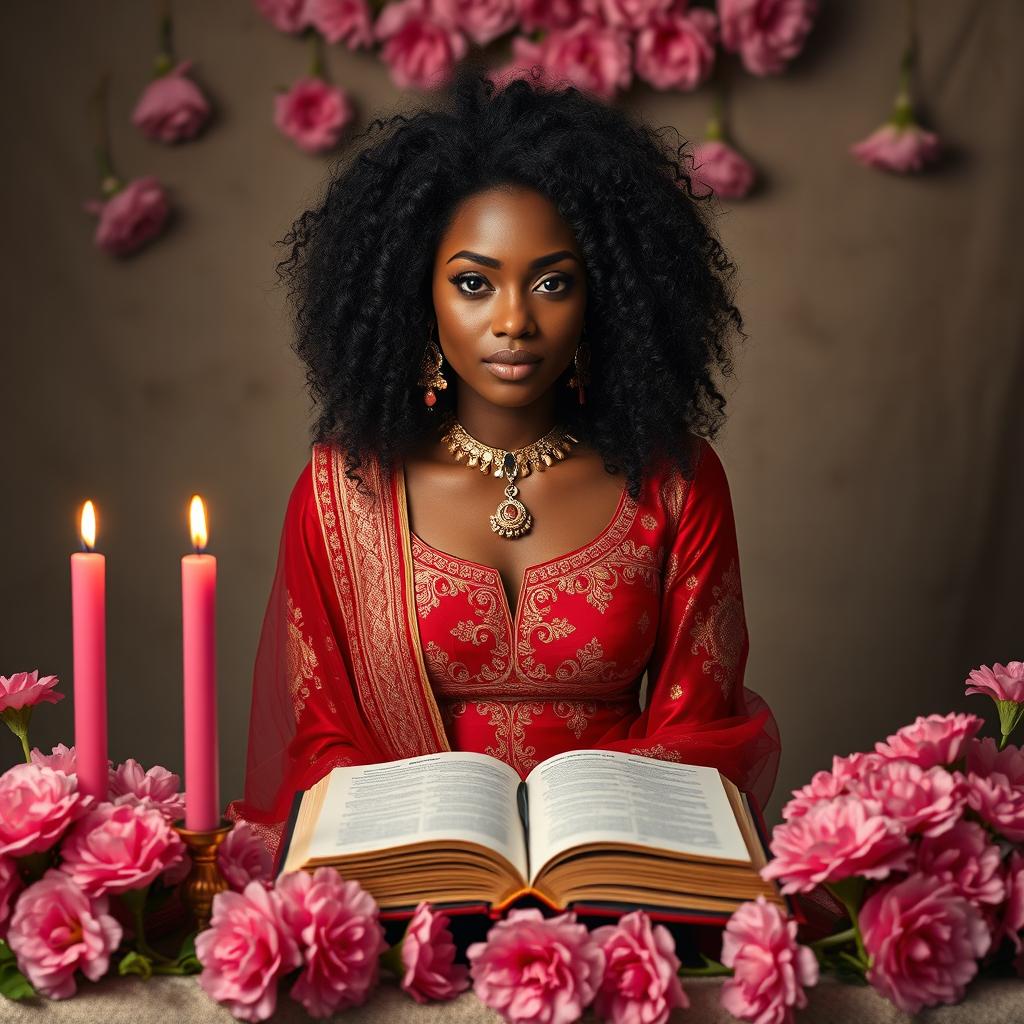 A pecan complexion woman with curly hair, sitting Indian-style behind an altar