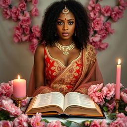 A pecan complexion woman with curly hair, sitting Indian-style behind an altar