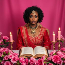 A pecan complexion woman with curly hair, sitting Indian-style behind an altar