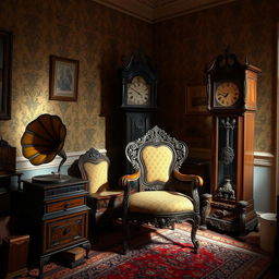 A collection of exquisite antique items, including a vintage gramophone, an ornately carved wooden chair, and an elaborate grandfather clock, all showcased in an elegantly decorated room with dim lighting to enhance their antique allure