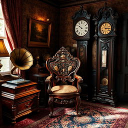 A collection of exquisite antique items, including a vintage gramophone, an ornately carved wooden chair, and an elaborate grandfather clock, all showcased in an elegantly decorated room with dim lighting to enhance their antique allure