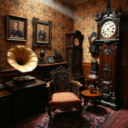 A collection of exquisite antique items, including a vintage gramophone, an ornately carved wooden chair, and an elaborate grandfather clock, all showcased in an elegantly decorated room with dim lighting to enhance their antique allure