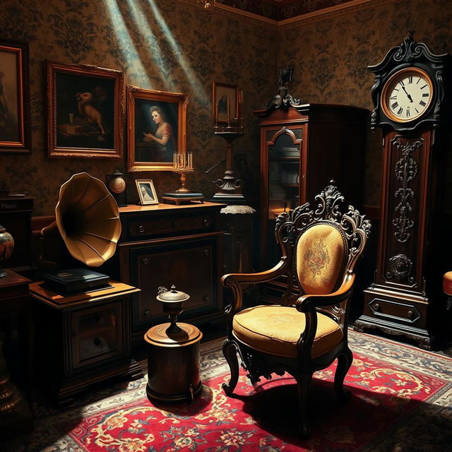 A collection of exquisite antique items, including a vintage gramophone, an ornately carved wooden chair, and an elaborate grandfather clock, all showcased in an elegantly decorated room with dim lighting to enhance their antique allure