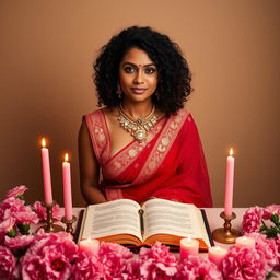 A light-skinned woman with curly hair, sitting Indian-style behind an altar