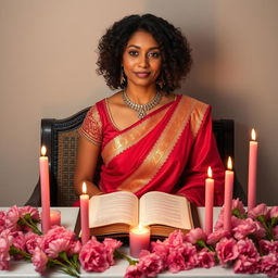 A light-skinned woman with curly hair, sitting Indian-style behind an altar