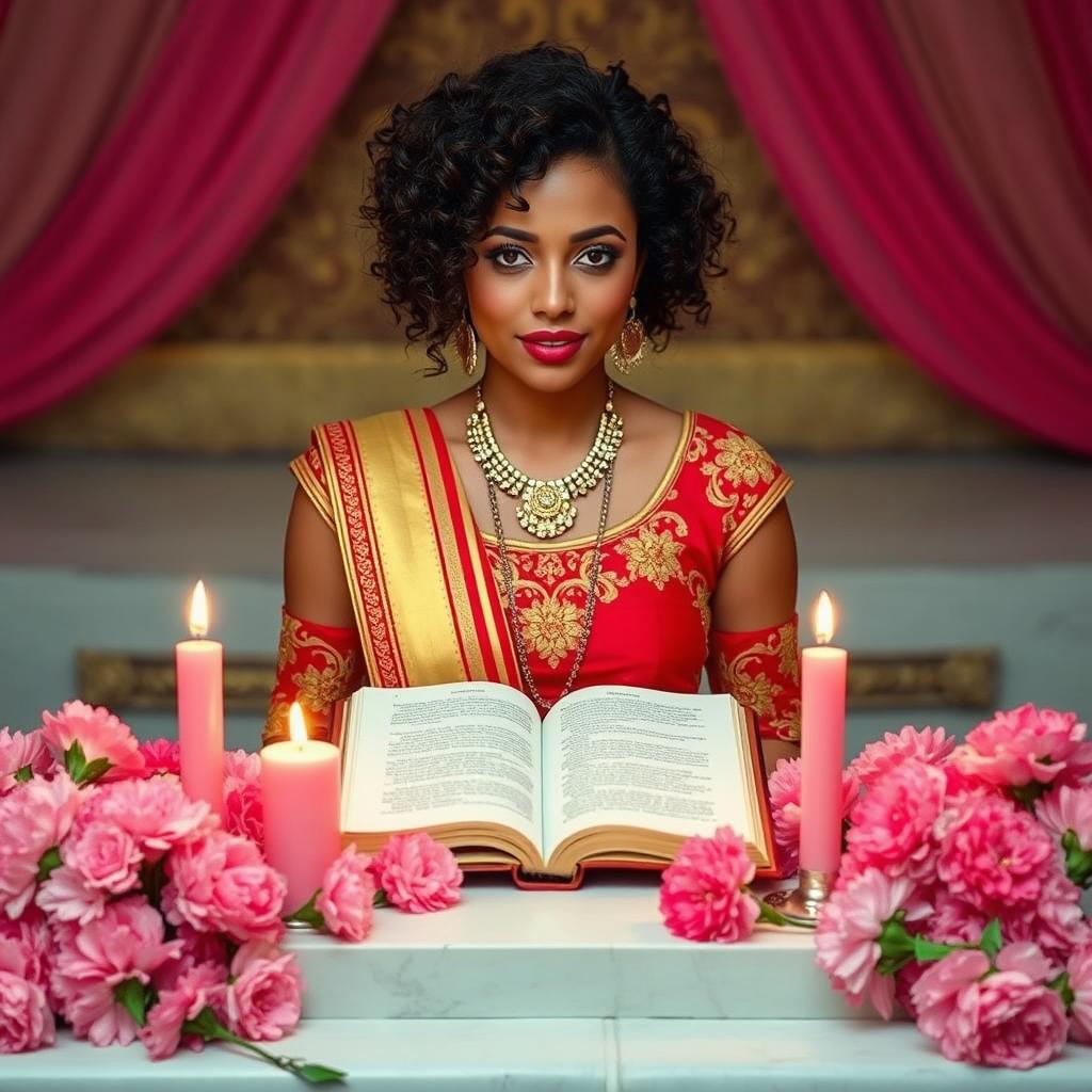 A light-skinned woman with curly hair, sitting Indian-style behind an altar