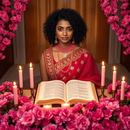 A light-skinned woman with curly hair, sitting Indian-style behind an altar