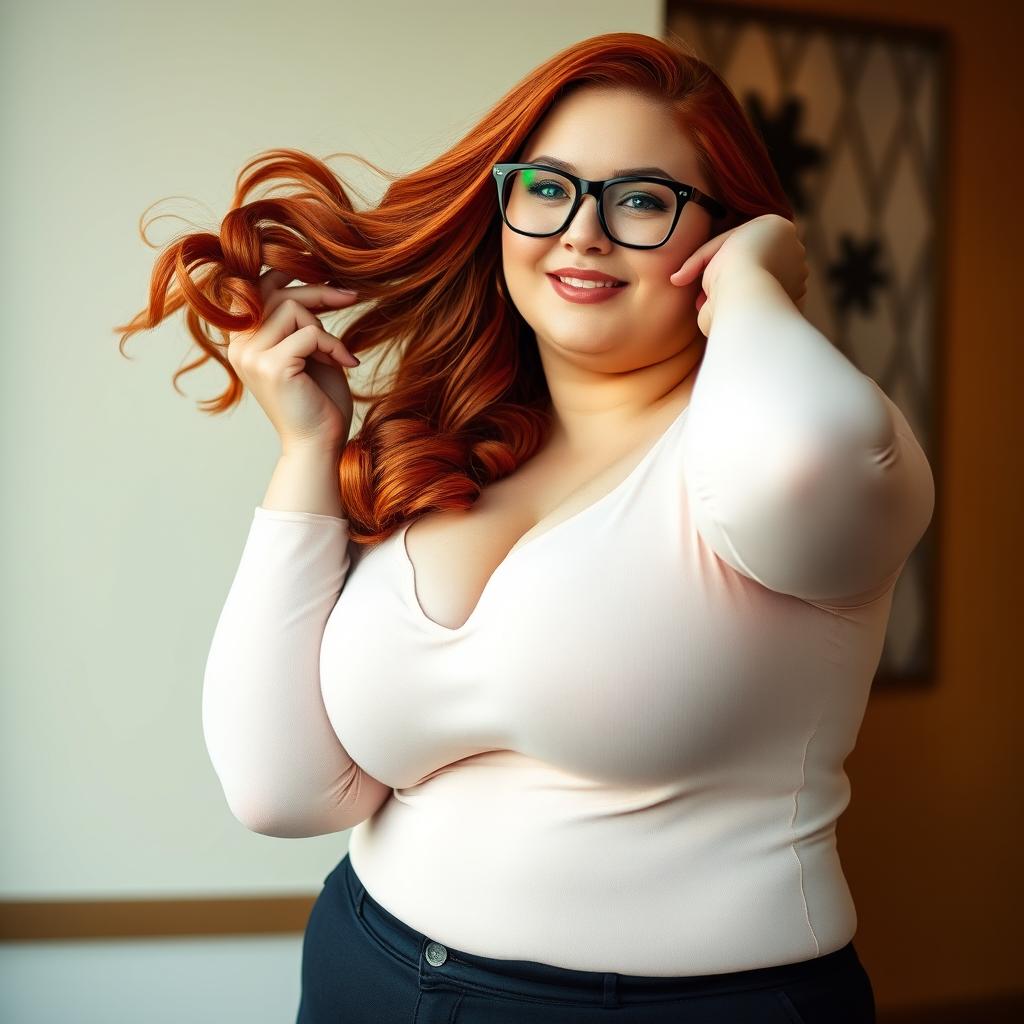 A plump, voluptuous, busty, redheaded woman wearing glasses, showcasing a confident and sexy demeanor