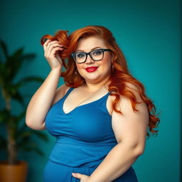 A plump, voluptuous, busty, redheaded woman wearing glasses, showcasing a confident and sexy demeanor