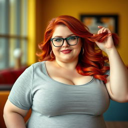 A plump, voluptuous, busty, redheaded woman wearing glasses, showcasing a confident and sexy demeanor