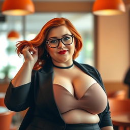 A plump, voluptuous, busty, redheaded woman wearing glasses, showcasing a confident and sexy demeanor