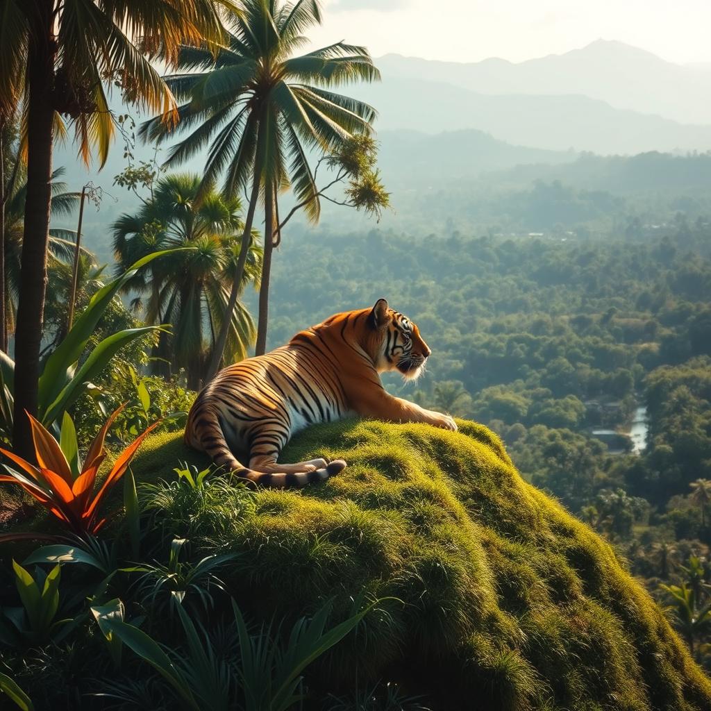 A majestic tiger resting gracefully atop a lush hill in a serene jungle setting