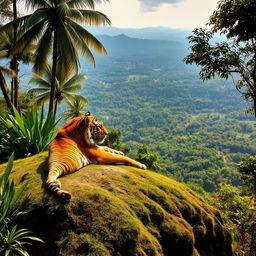 A majestic tiger resting gracefully atop a lush hill in a serene jungle setting