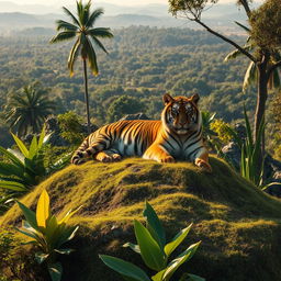 A majestic tiger resting gracefully atop a lush hill in a serene jungle setting