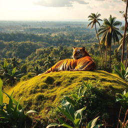 A majestic tiger resting gracefully atop a lush hill in a serene jungle setting