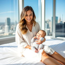 A smiling woman with long, wavy hair sits on a white bed, wearing a loose, white button-up dress