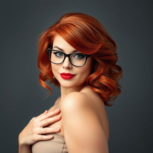 A voluptuous and curvy redhead woman with glasses, posing suggestively while holding her bust in a playful manner