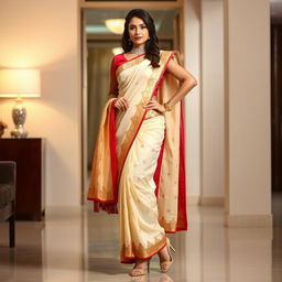 A woman in a cream, golden, and red Mekhela Chadar with a red blouse, striking a fashionable pose in a stylish setting