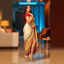 A woman in a cream, golden, and red Mekhela Chadar with a red blouse, striking a fashionable pose in a stylish setting