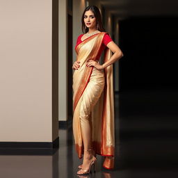 A woman in a cream, golden, and red Mekhela Chadar with a red blouse, striking a fashionable pose in a stylish setting