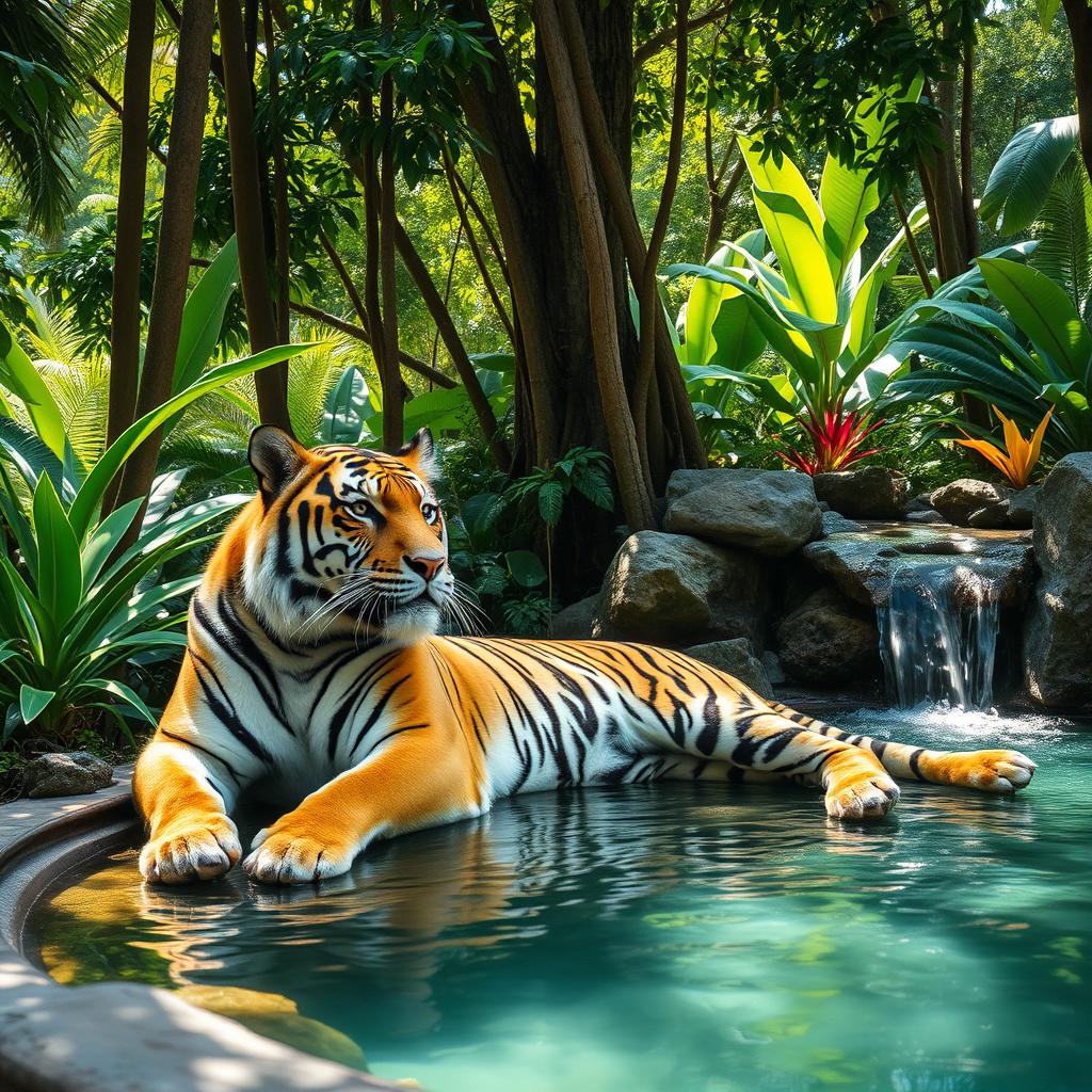 A majestic tiger lounging gracefully in a serene jungle oasis