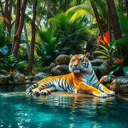 A majestic tiger lounging gracefully in a serene jungle oasis