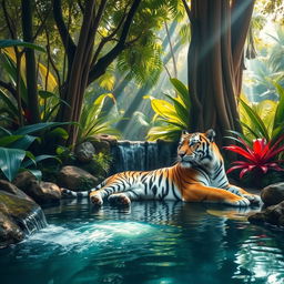 A majestic tiger lounging gracefully in a serene jungle oasis