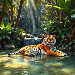 A majestic tiger lounging gracefully in a serene jungle oasis